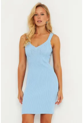 Kadın Mavi Triko Mini Elbise SMT240