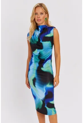 Kadın Mavi-Yeşil Büzgülü Midi Elbise NÇ520