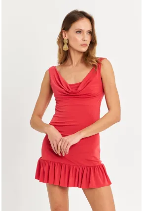Kadın Mercan Degaje Yaka Mini Elbise HOR0078