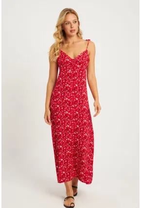 Kadın Mercan İp Askılı Çiçekli Midi Elbise GÇ172