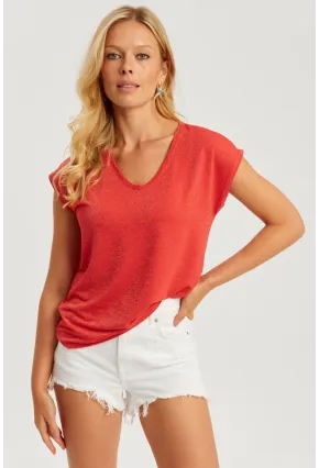 Kadın Mercan V Yaka Simli Bluz RX436