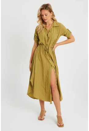 Kadın Midi Gömlek Elbise Haki Q984