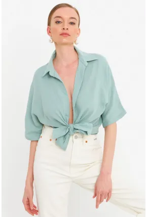 Kadın Mint Bağlamalı Keten Bluz BTH16