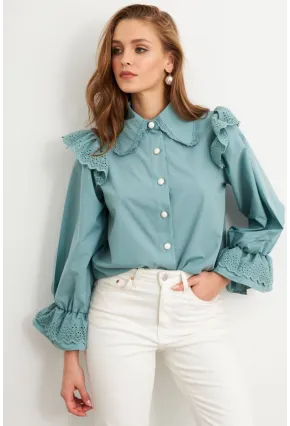 Kadın Mint Bebe Yaka Dantelli Gömlek MQS1839