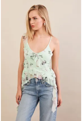 Kadın Mint Desenli Fırfırlı Şifon Bluz FS033