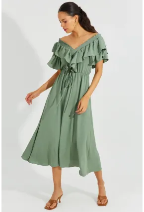 Kadın Mint Ön Arka V Volanlı Elbise KS113