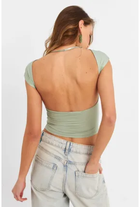 Kadın Mint Sırtı Açık Crop Bluz ZH083