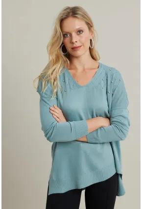 Kadın Mint V Yaka Taşlı İnce Triko Bluz MYİL002