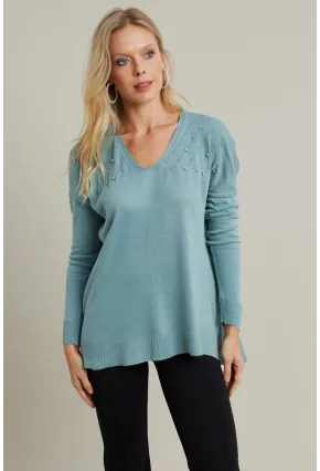 Kadın Mint V Yaka Taşlı İnce Triko Bluz MYİL002