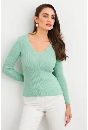 Kadın Mint V Yaka Triko Bluz YV284