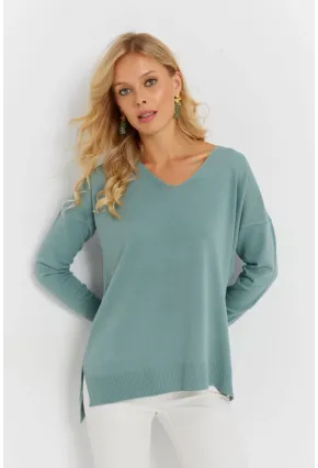 Kadın Mint V Yaka Triko Kazak YİL549