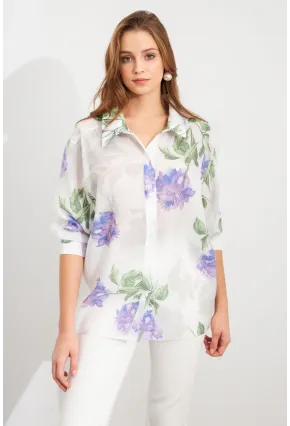 Kadın Mor Çiçek Desenli İnce Keten Gömlek MCAR1068