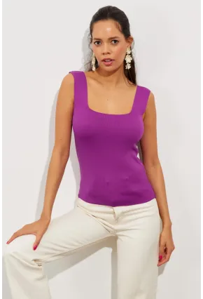 Kadın Mor Kare Yaka Triko Bluz YV87