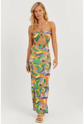 Kadın Multi Boyun Bağlamalı Desenli Midi Elbise MEN2041
