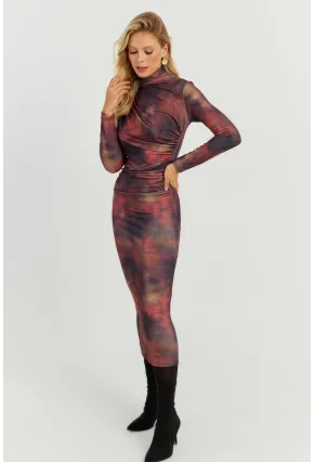 Kadın Multi Büzgülü Desenli Midi Elbise MON118