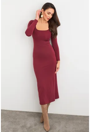 Kadın Mürdüm Kare Yaka Midi Elbise XC8102