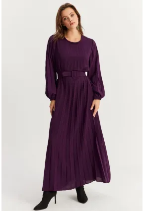 Kadın Mürdüm Kemerli Plili Maxi Elbise ALZ500