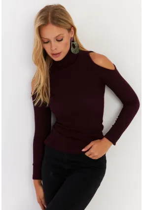 Kadın Mürdüm Omuzları Açık Kaşkorse Bluz HOR04