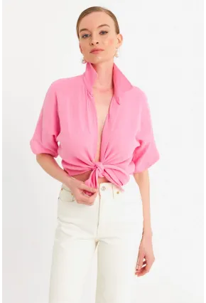Kadın Pembe Bağlamalı Keten Bluz BTH16