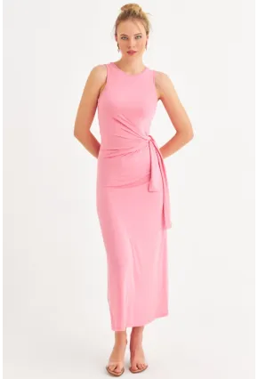 Kadın Pembe Büzgülü Kolsuz Midi Elbise TF75