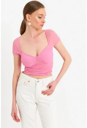Kadın Pembe Büzgülü Tül Crop Bluz TPG04