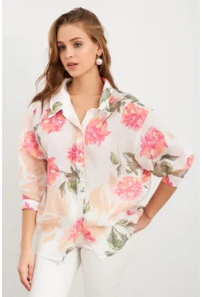 Kadın Pembe Çiçek Desenli İnce Keten Gömlek MCAR1068
