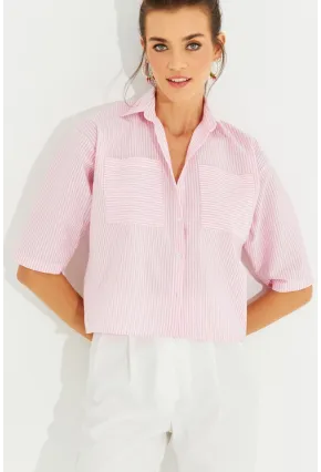 Kadın Pembe Çizgili Kısa Gömlek MİW1290