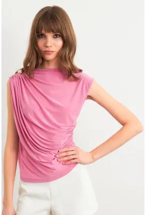 Kadın Pembe Düğme Detaylı Büzgülü Bluz LPP1205-1