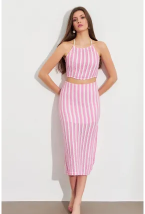 Kadın Pembe Etekli Triko Takım ROP108