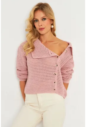 Kadın Pembe Geniş Yakalı Triko Hırka MİW4571