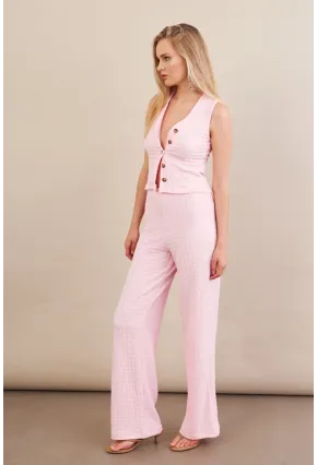 Kadın Pembe Gofre Yelek Pantalon Takım FLU330