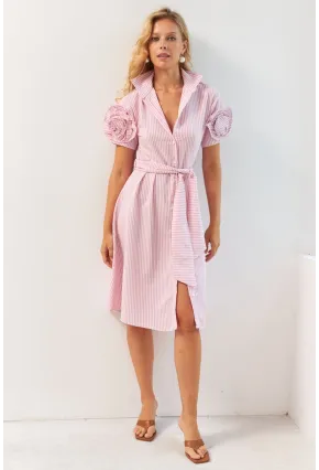 Kadın Pembe Gül Detaylı Midi Gömlek Elbise SF12812