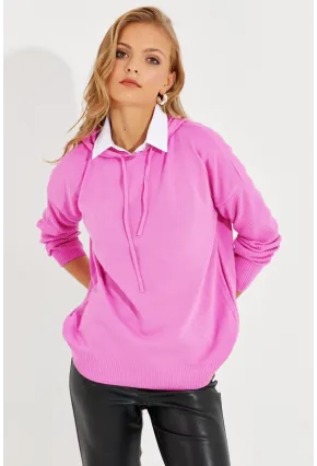 Kadın Pembe Kapüşonlu Cepli Triko Kazak YZ520