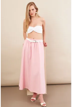 Kadın Pembe Keten Cepli Midi Etek RSP4440