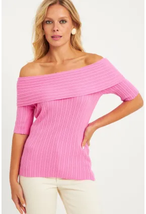 Kadın Pembe Madonna Yaka Triko Bluz KZ538