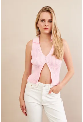 Kadın Pembe Polo Yaka Yumoş Yelek ZH050