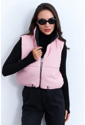 Kadın Pembe-Siyah Çift Taraflı Şişme Kısa Yelek MX12