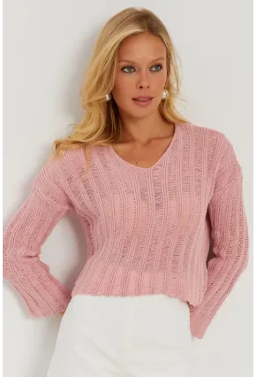 Kadın Pembe V Yaka Ajurlu Triko Bluz YV233