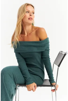 Kadın Petrol Madonna Yaka Kaşkorse Maxi Elbise HOL1