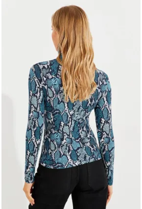 Kadın Petrol Önü Damla Yılan Desenli Bluz LPP1236