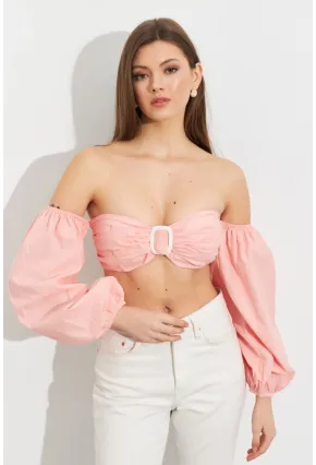 Kadın Pudra Balon Kol Crop Bluz ROP111