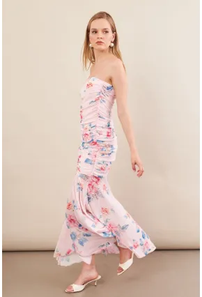 Kadın Pudra Drapeli Straplez Midi Tül Elbise ERL101