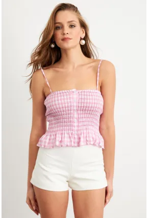 Kadın Pudra Ekose Lastikli Crop Bluz MTK13397