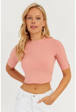 Kadın Pudra Kolları İncili Crop Bluz AYD298