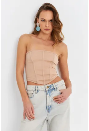 Kadın Pudra Straplez Crop Bluz B6081