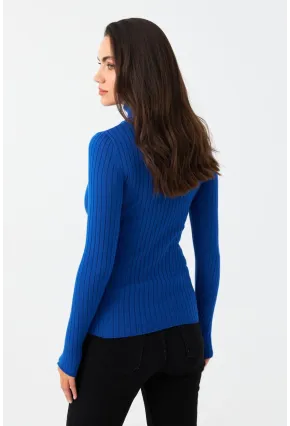 Kadın Saks Balıkçı Yaka Triko Bluz YV102-90