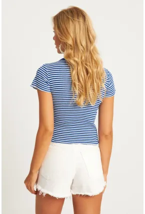Kadın Saks-Beyaz Çizgili Bluz XL2005