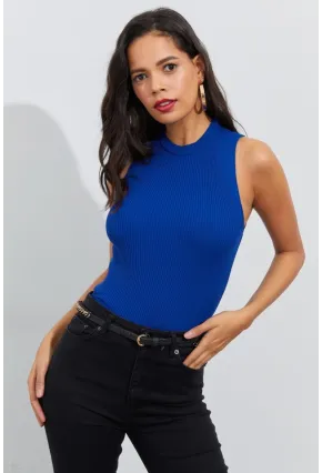 Kadın Saks Bisiklet Yaka Triko Bluz YV91