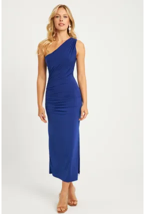 Kadın Saks Büzgülü Yırtmaçlı Midi Elbise MON134