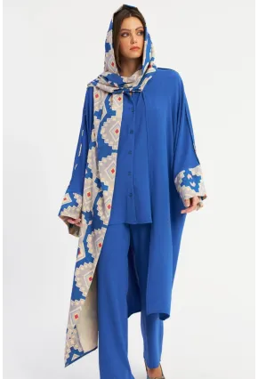 Kadın Saks Desenli Kapüşonlu Kaftan GÇ193